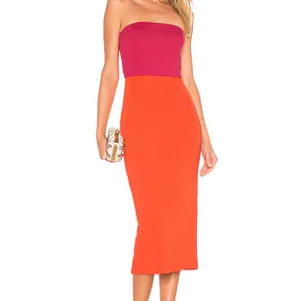 NBD Two-Tone Strapless Midi Dress in Fuchsia and Orange